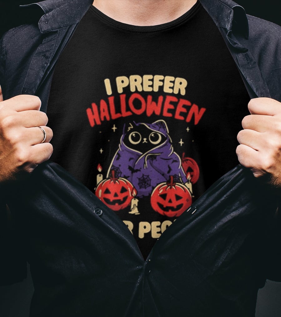 I Prefer Halloween Over People Black Cat Pumpkin Candles T-Shirt