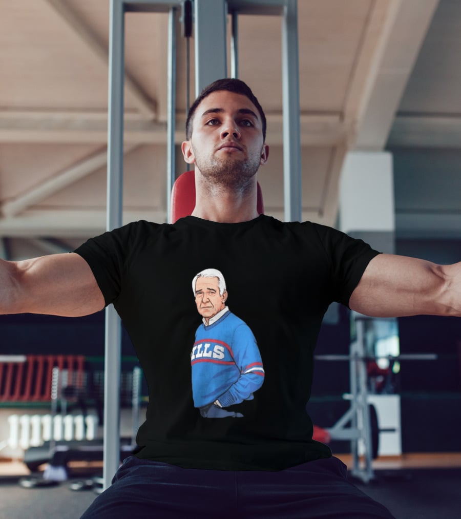 Buffalo Bills Coach Marv Levy Caricature In Blue Sweater With Team Name T-Shirt