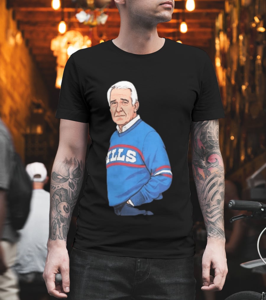 Buffalo Bills Coach Marv Levy Caricature In Blue Sweater With Team Name T-Shirt