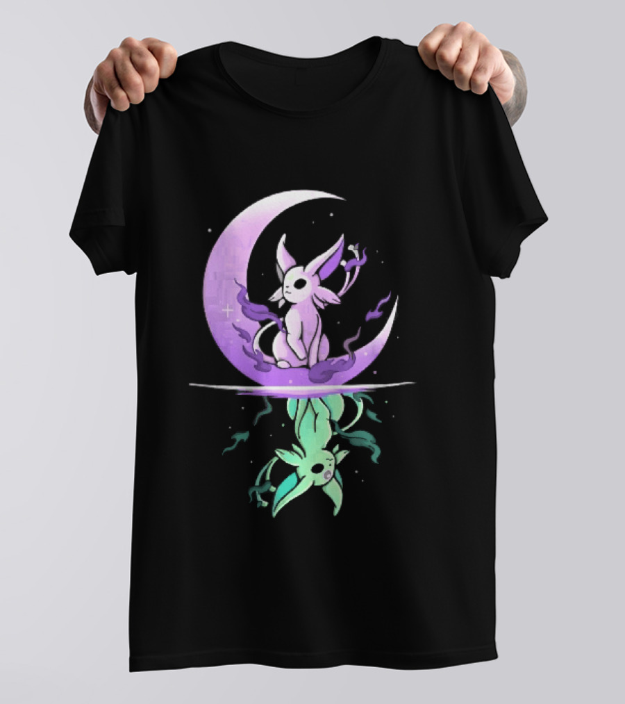 Cartoon Purple Espeon On Crescent Moon With Green Reflection T-Shirt