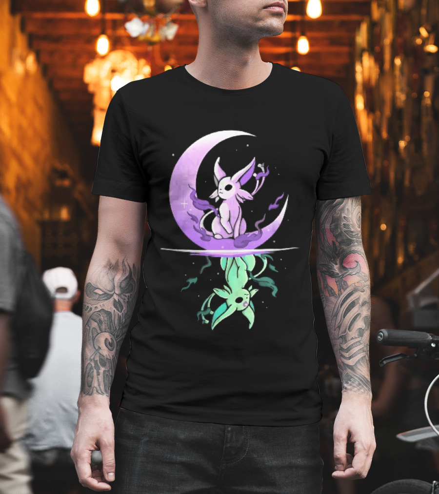 Cartoon Purple Espeon On Crescent Moon With Green Reflection T-Shirt