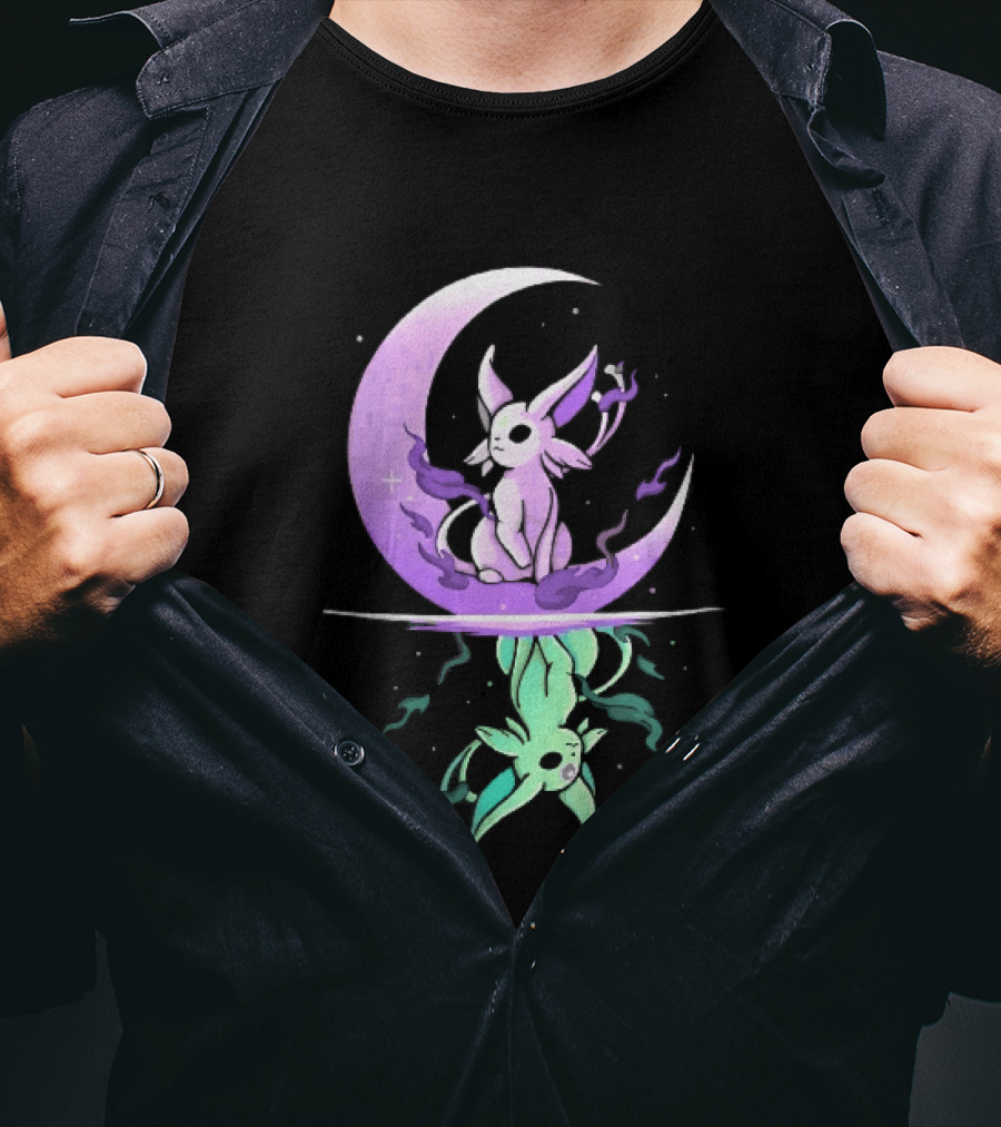 Cartoon Purple Espeon On Crescent Moon With Green Reflection T-Shirt