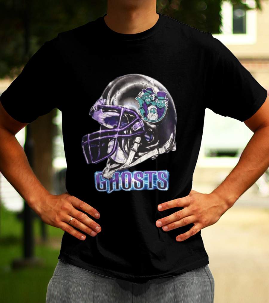 Ghosts Chrome Football Helmet Purple Facemask Haunted Mansion T-Shirt