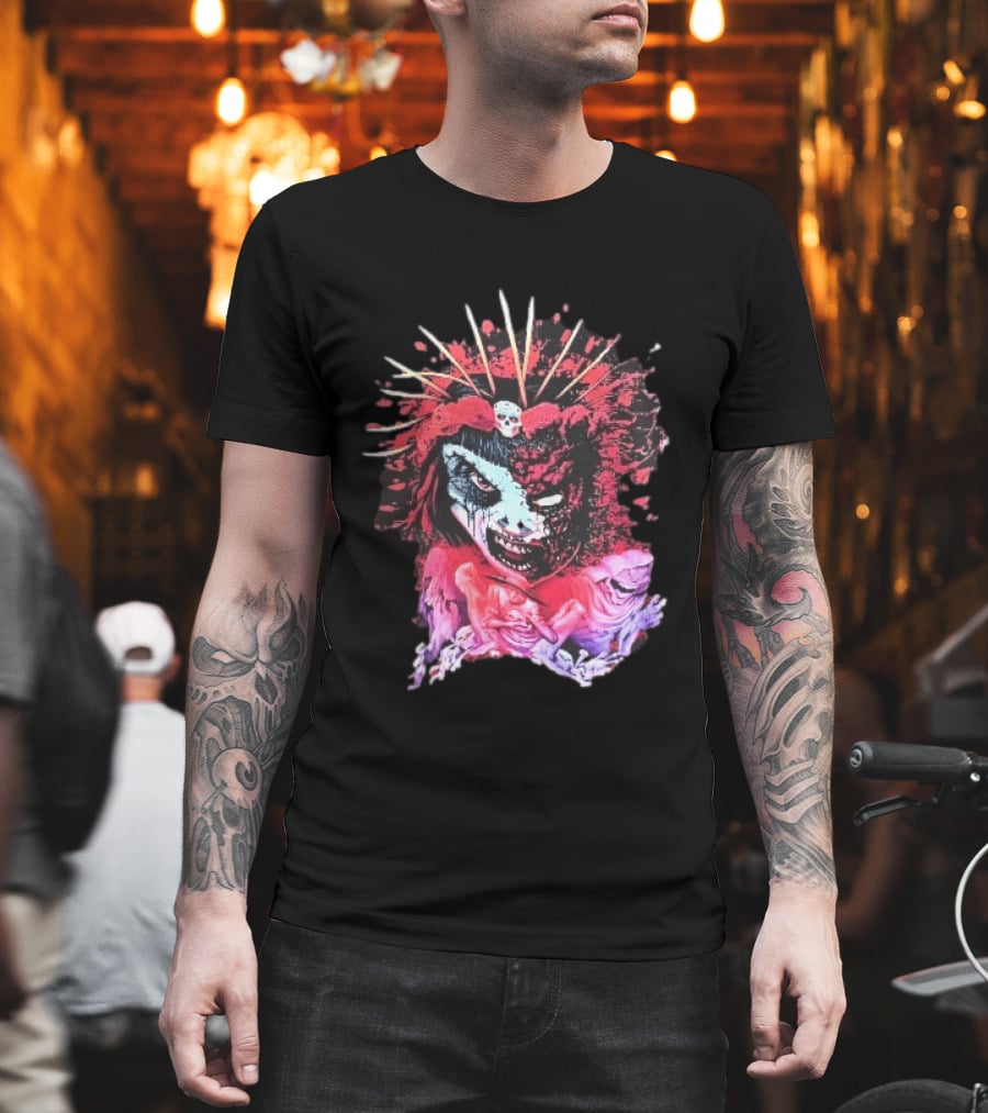 Demonic Japanese Geisha Skull Crown With Red Paint Splatter And Floral T-Shirt