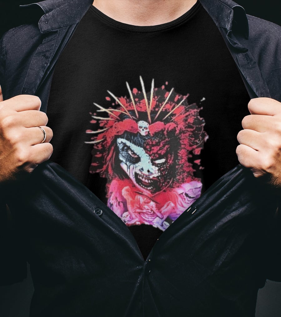 Demonic Japanese Geisha Skull Crown With Red Paint Splatter And Floral T-Shirt