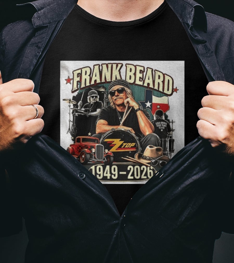 Frank Beard ZZ Top Rock Texas Drummer 1949 2026 Vintage Car And Drumsticks T-Shirt