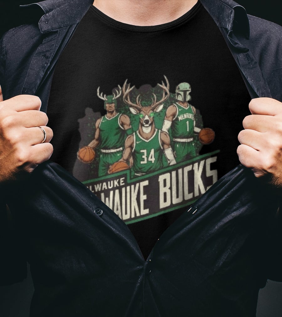 Milwaukee Bucks NBA Antler Helmet Buck Head Mandalorian Basketball Players T-Shirt