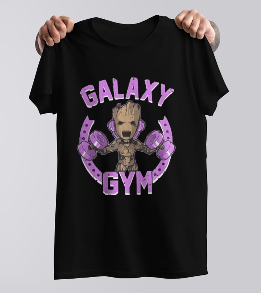 Galaxy Gym Cartoon Tree Lifting Dumbbells Headphones T-Shirt