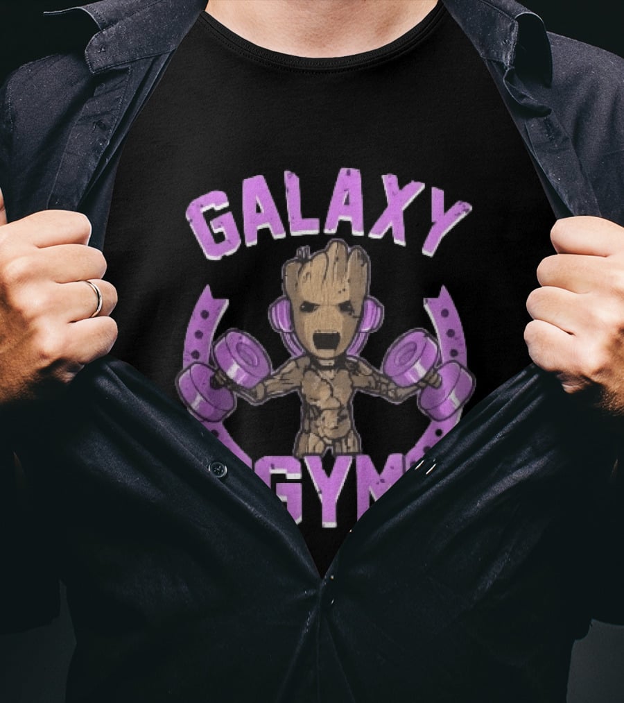 Galaxy Gym Cartoon Tree Lifting Dumbbells Headphones T-Shirt