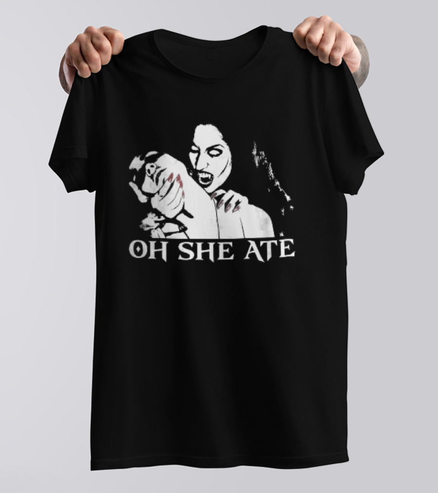 Oh She Ate Female Vampire Biting Neck Red Nails Stencil T-Shirt
