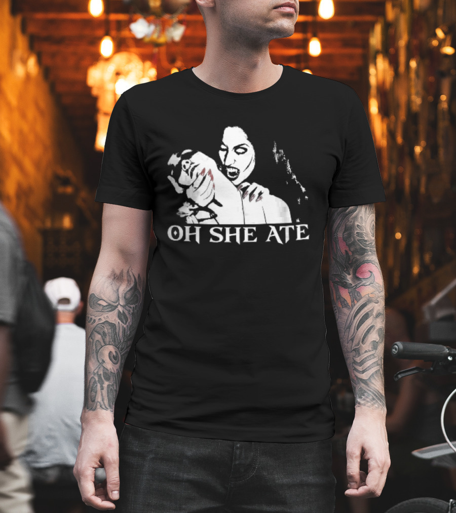Oh She Ate Female Vampire Biting Neck Red Nails Stencil T-Shirt
