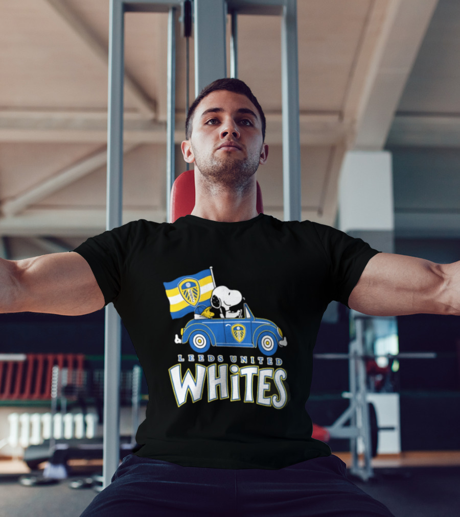 Leeds United Whites Snoopy Car Driving With Flag T-Shirt