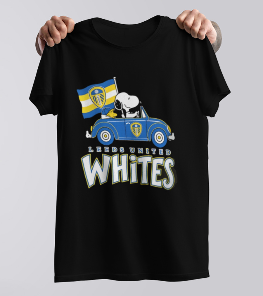 Leeds United Whites Snoopy Car Driving With Flag T-Shirt