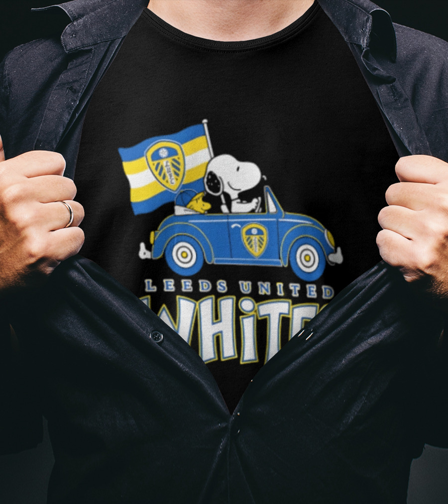Leeds United Whites Snoopy Car Driving With Flag T-Shirt