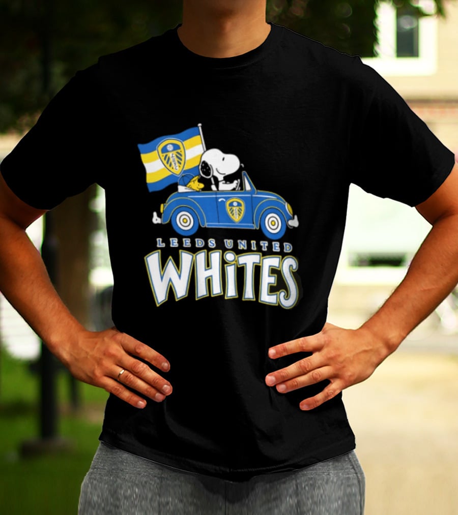 Leeds United Whites Snoopy Car Driving With Flag T-Shirt