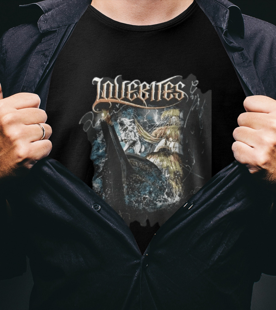 Lovebites Howling White Wolf Ship Amidst Ocean Storm And Lightning Waves T-Shirt