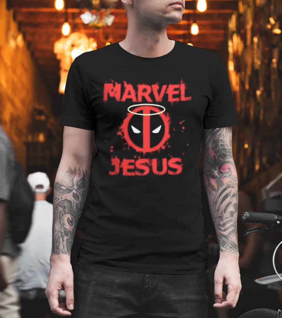 Marvel Jesus Distressed Deadpool Mask Yellow Halo Splatter T-Shirt