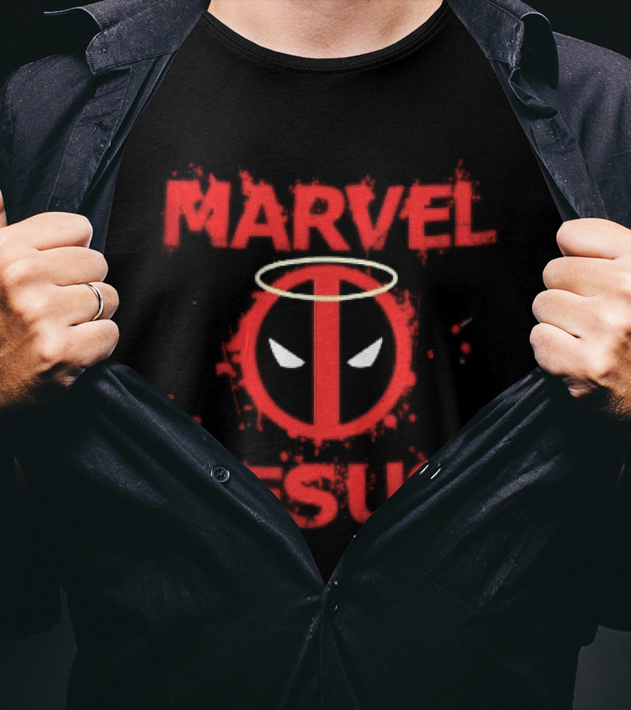 Marvel Jesus Distressed Deadpool Mask Yellow Halo Splatter T-Shirt