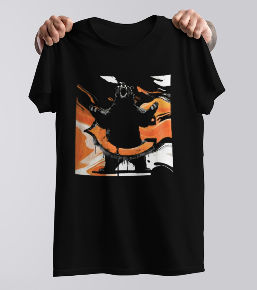 Roaring Black Bear Orange Liquid Swirls Dripping Banner T-Shirt