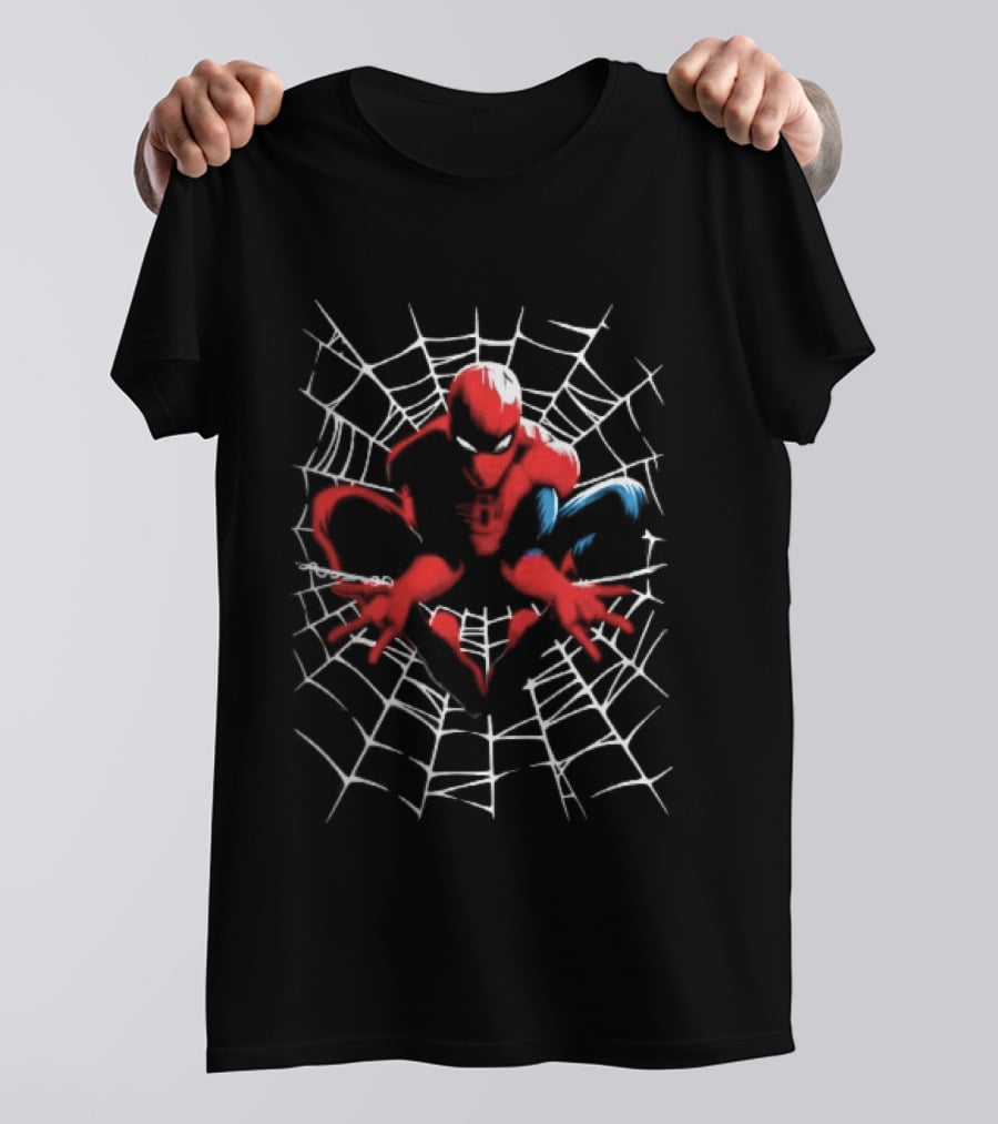 Marvel Spider Man Crouching Red Blue White Web Black T-Shirt