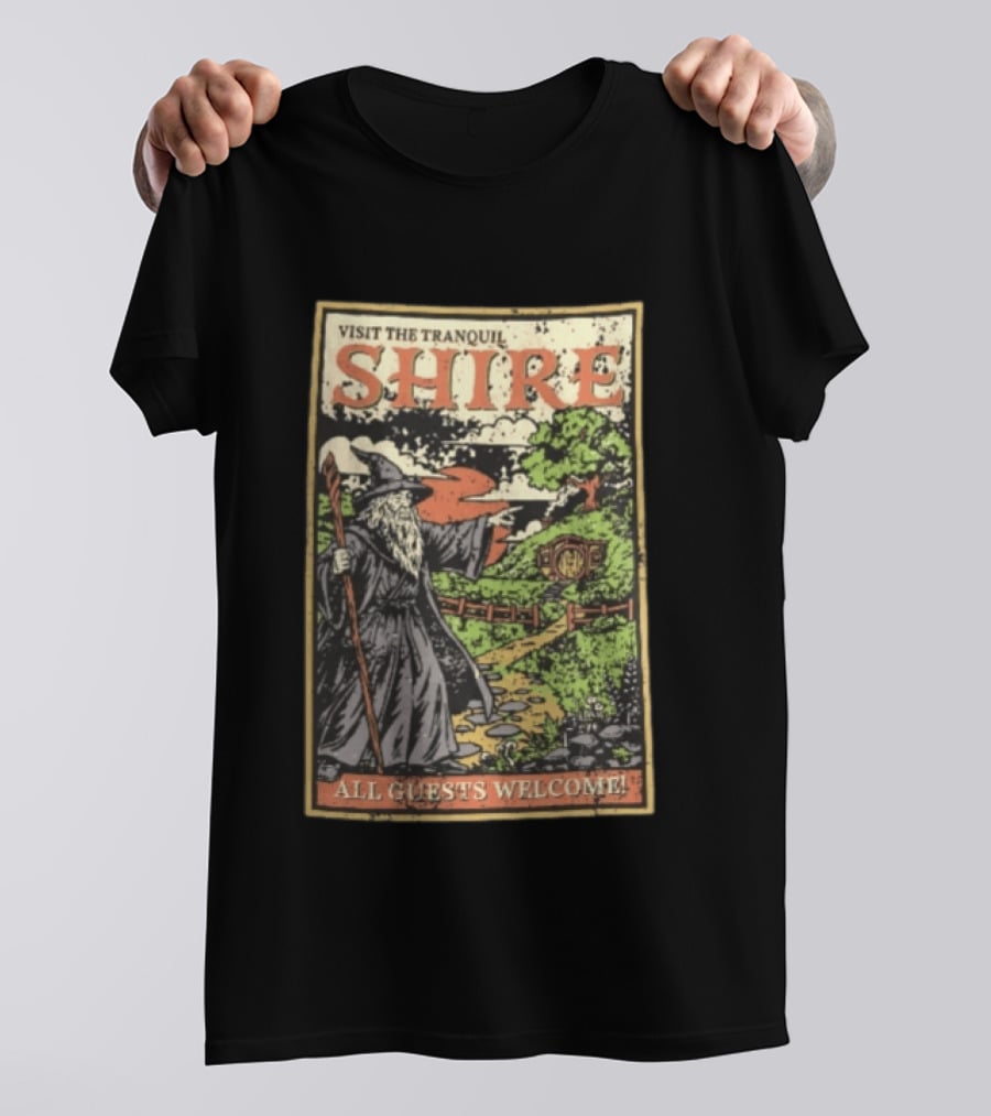 Visit The Tranquil Shire All Guests Welcome Gandalf Hobbit Hole Scene T-Shirt