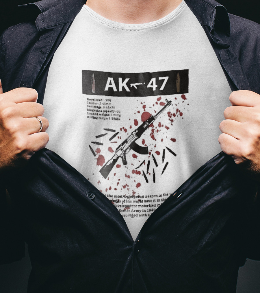 AK 47 1949 Rifle Sketch Red Blood Splatter Bullets Widespread Weapon Statistics T-Shirt