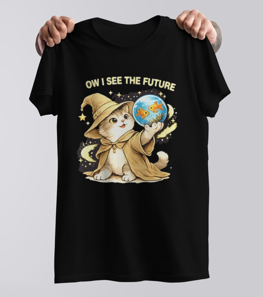 Wizard Cat Halloween Ow I See The Future Goldfish T-Shirt
