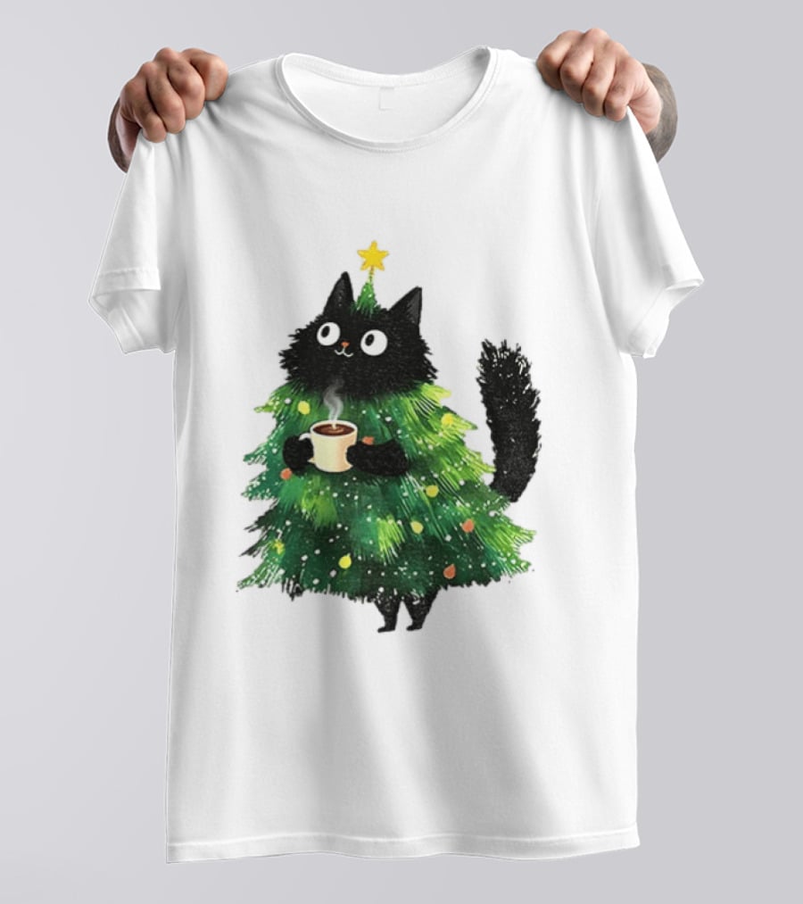 Black Cat Christmas Tree With Hot Coffee Cup T-Shirt