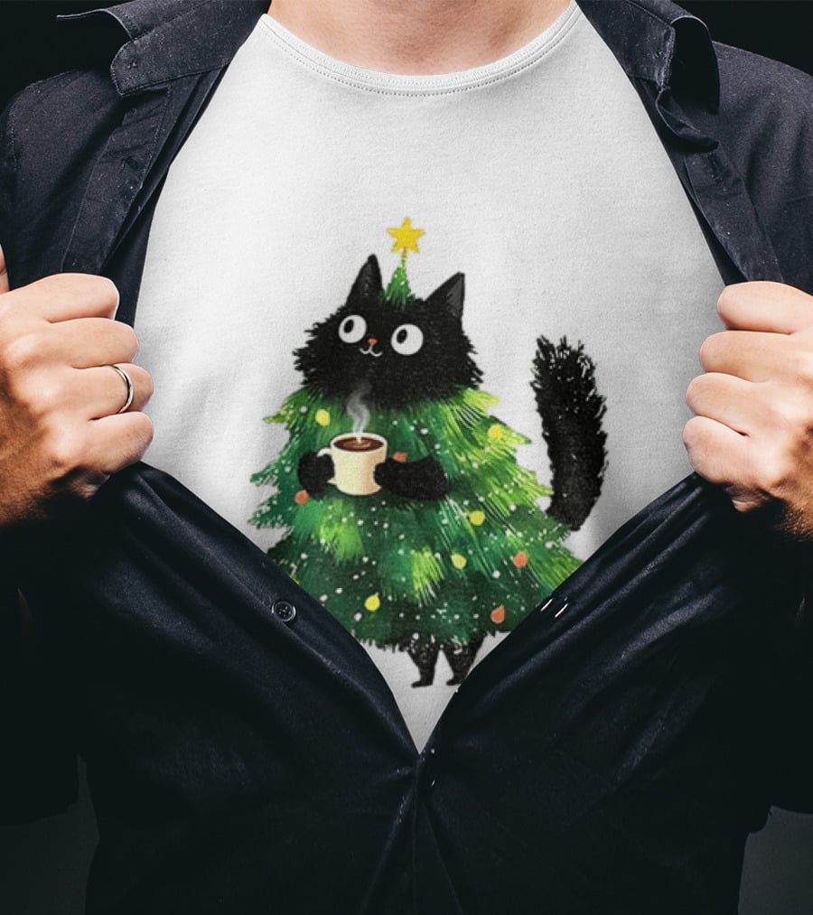 Black Cat Christmas Tree With Hot Coffee Cup T-Shirt