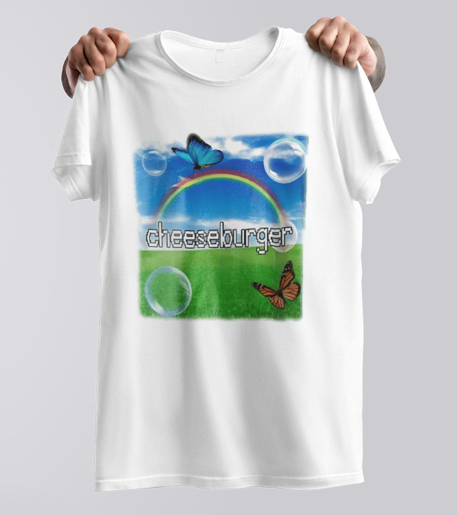 Cheeseburger Pixel Text Rainbow Butterflies Floating Bubbles T-Shirt
