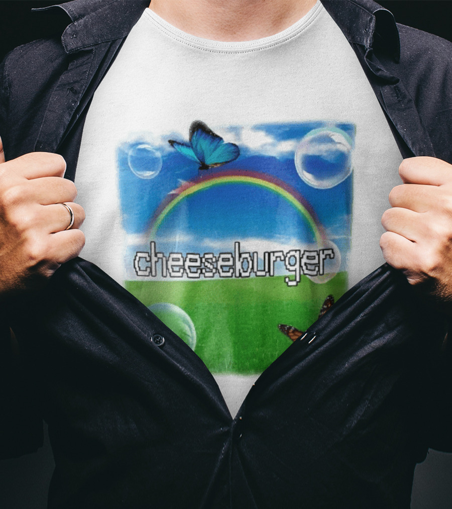 Cheeseburger Pixel Text Rainbow Butterflies Floating Bubbles T-Shirt