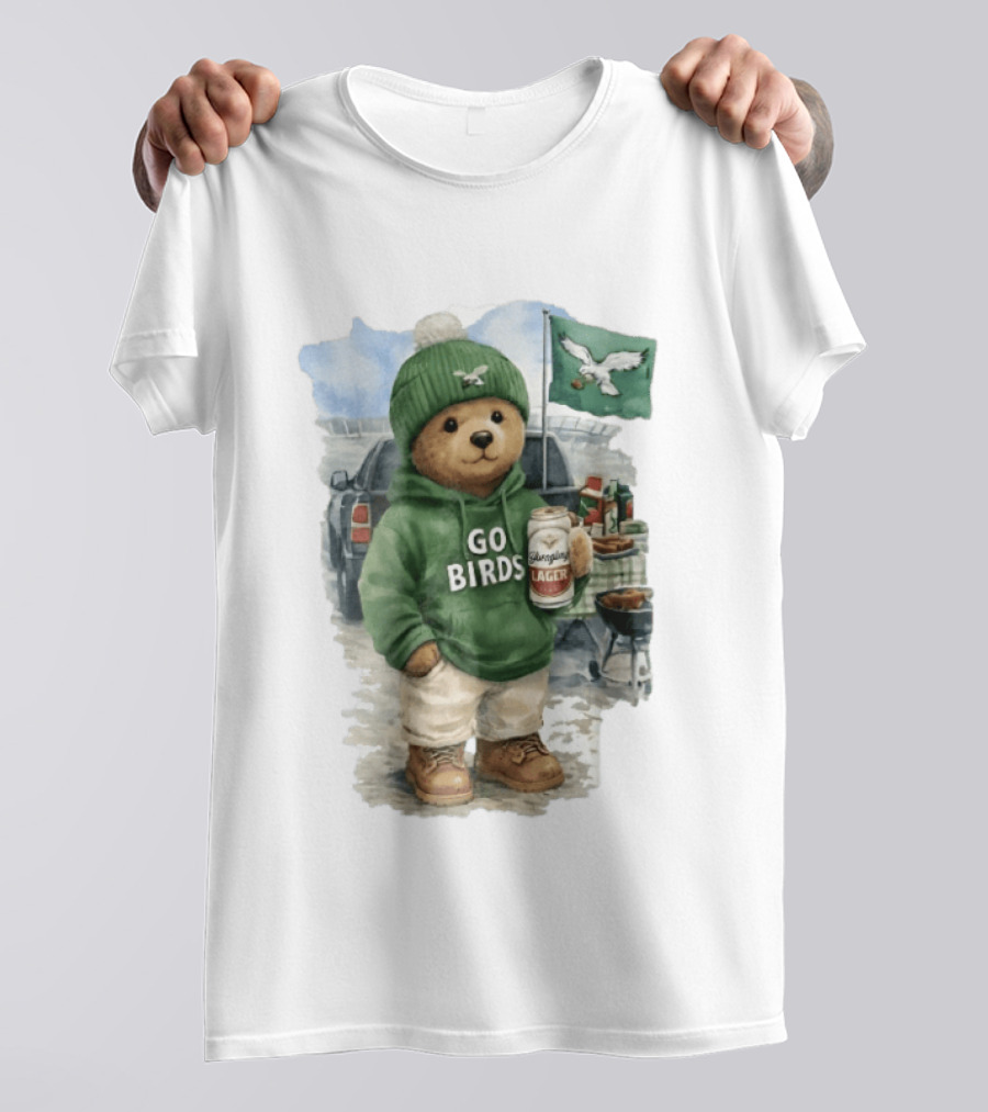 Philadelphia Eagles Go Birds Yuengling Lager Tailgate Teddy Bear Watercolor Truck Scene T-Shirt