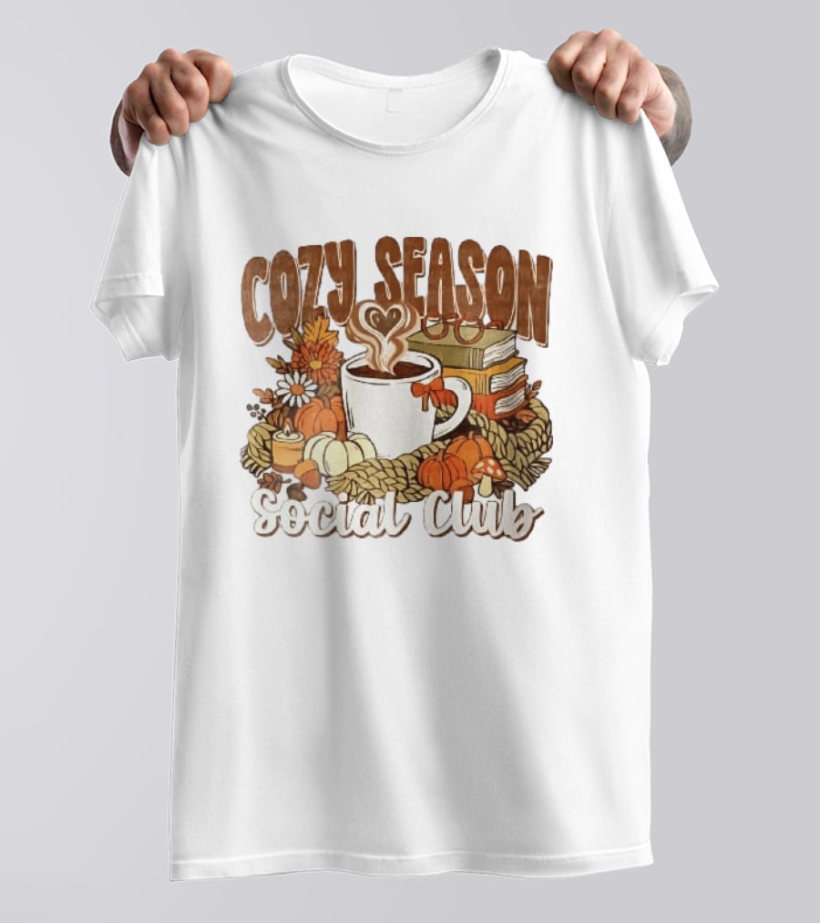 Cozy Season Social Club Coffee Books Pumpkins Knitted Blanket Autumn Vibes T-Shirt