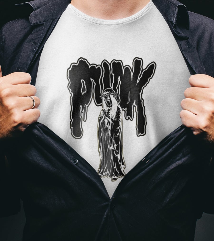 Punk Dripping Hooded Skeleton Praying Crown Of Thorns T-Shirt