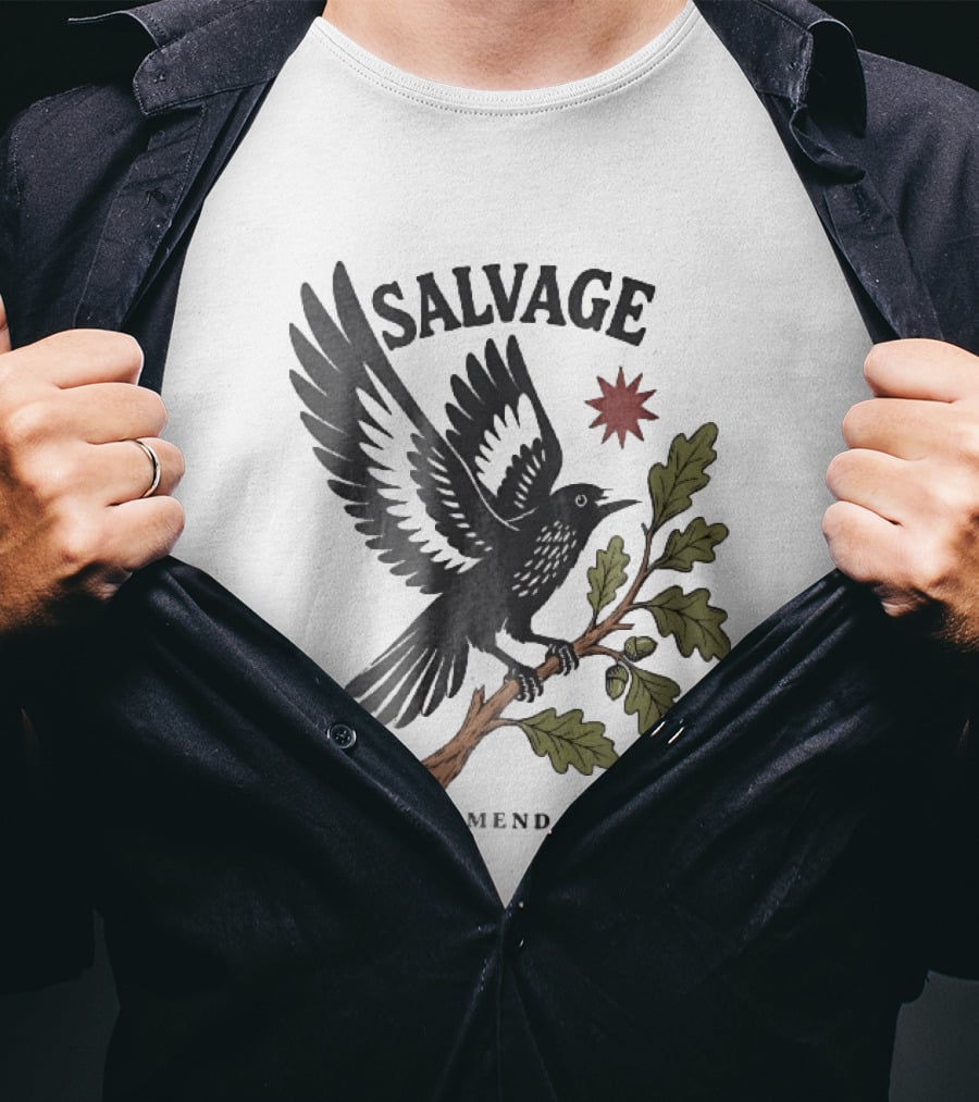 Salvage Gather Mend Rebuild Bird On Oak Branch With Acorns T-Shirt