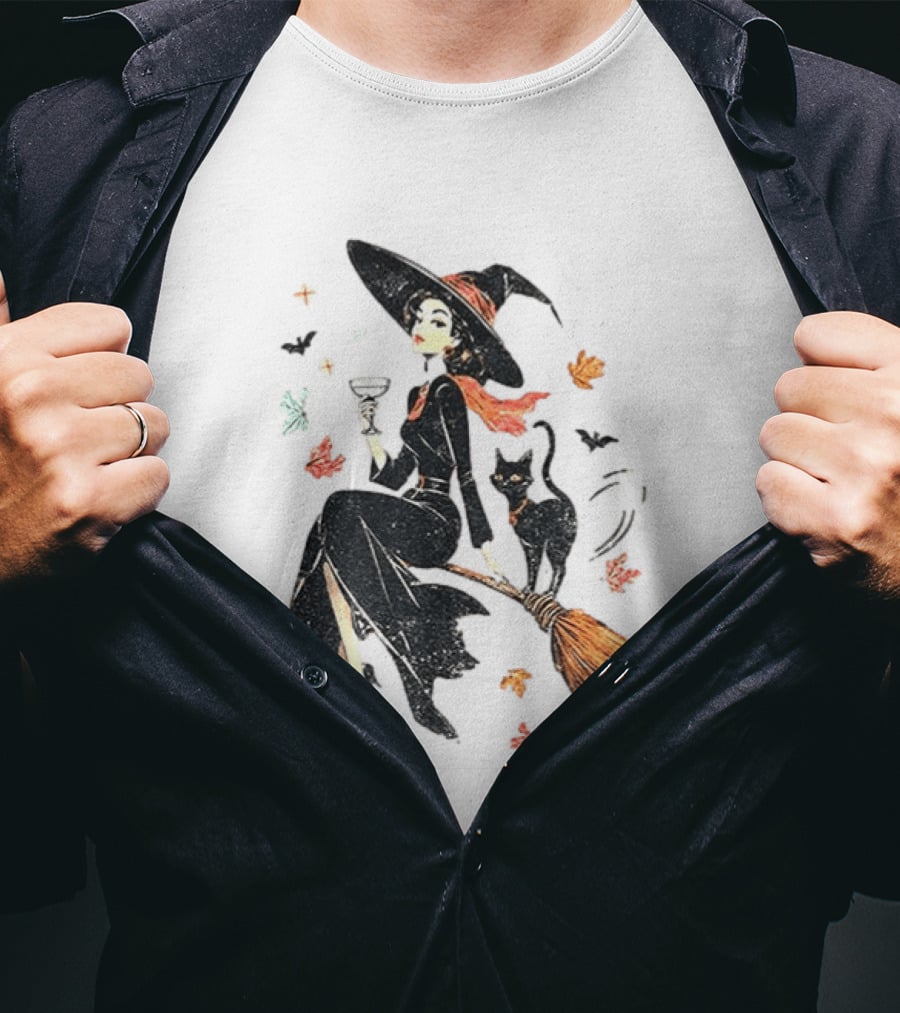 Witch Cat Ringer Spooky Fall Pumpkin Halloween Vintage Witch And Black Cat On Broomstick With Coffee Cup And Autumn Leaves T-Shirt