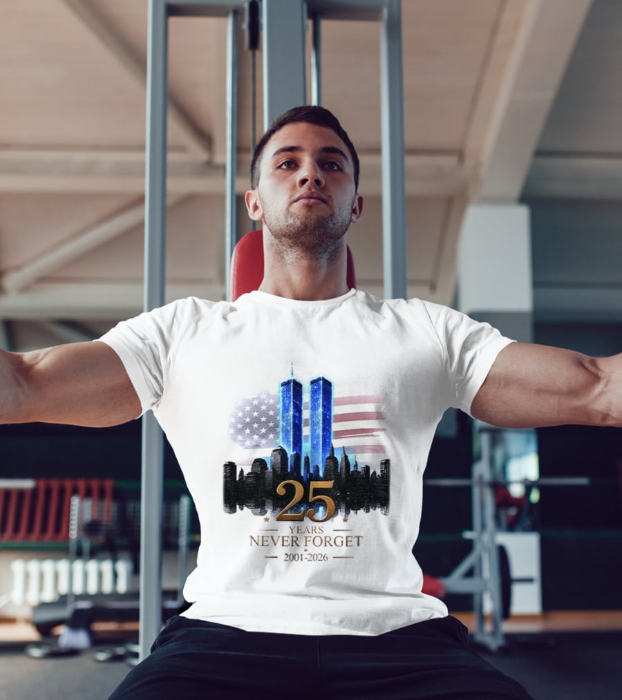 World Trade Center Towers NYC Skyline 25 Years Never Forget 2001 2026 American Flag T-Shirt