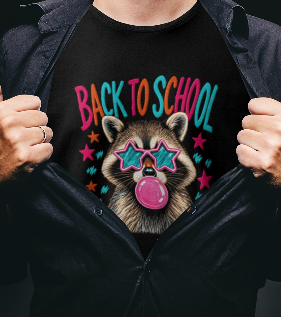 Back To School Raccoon Bubble Gum Star Sunglasses Fun Fashion T-Shirt