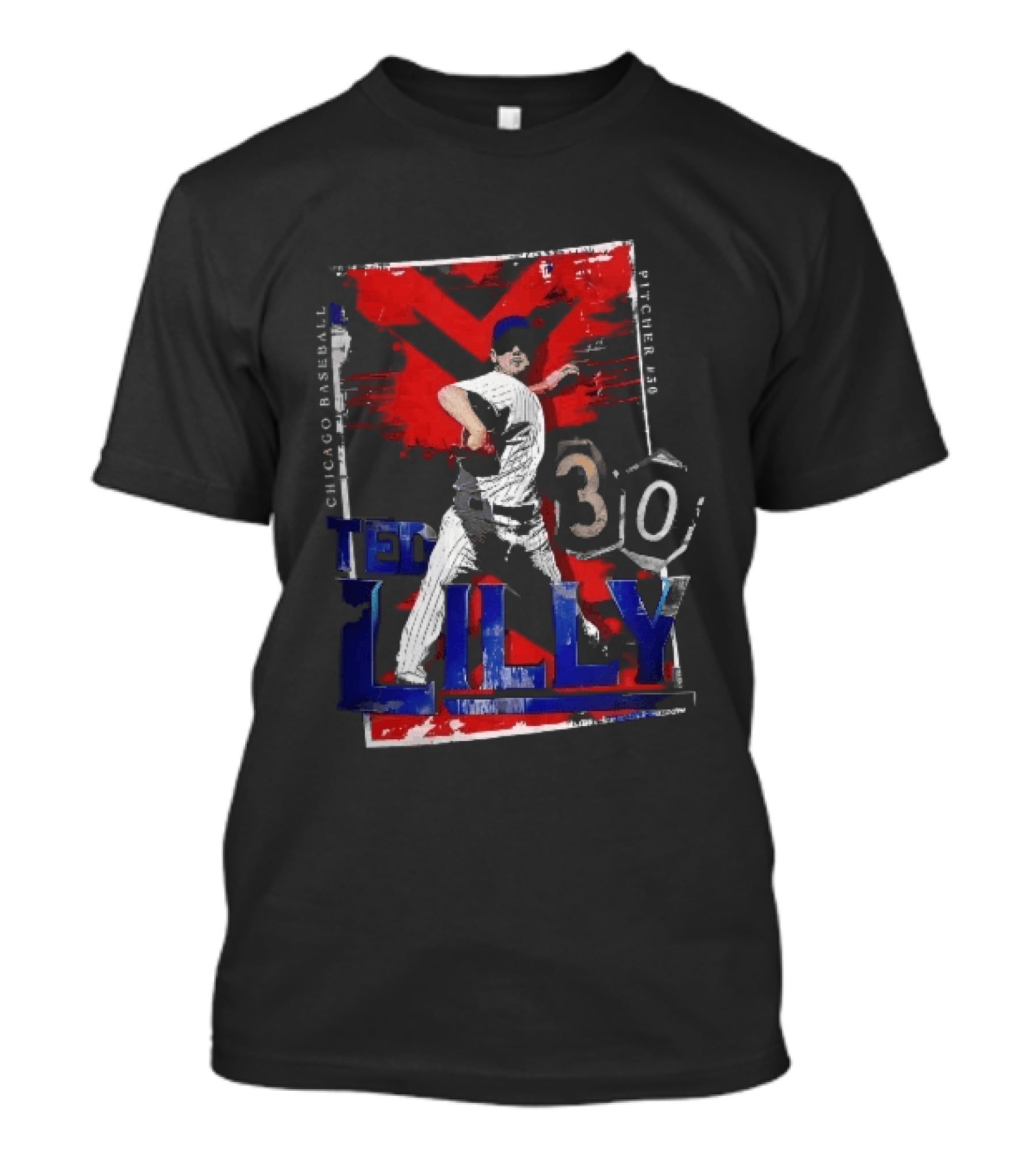 Chicago Baseball MLB Pitcher Ted Lilly 30 Distressed Red Black Collage Throwing Photo T-Shirt
