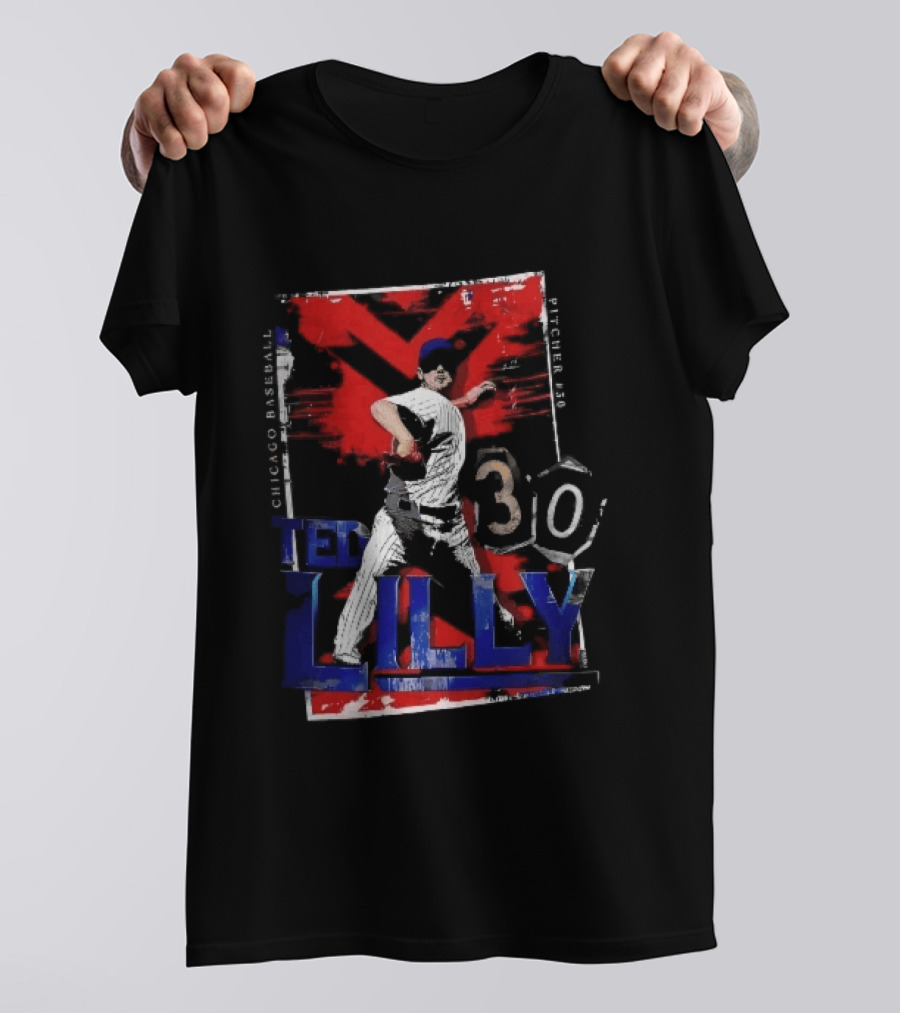 Chicago Baseball MLB Pitcher Ted Lilly 30 Distressed Red Black Collage Throwing Photo T-Shirt