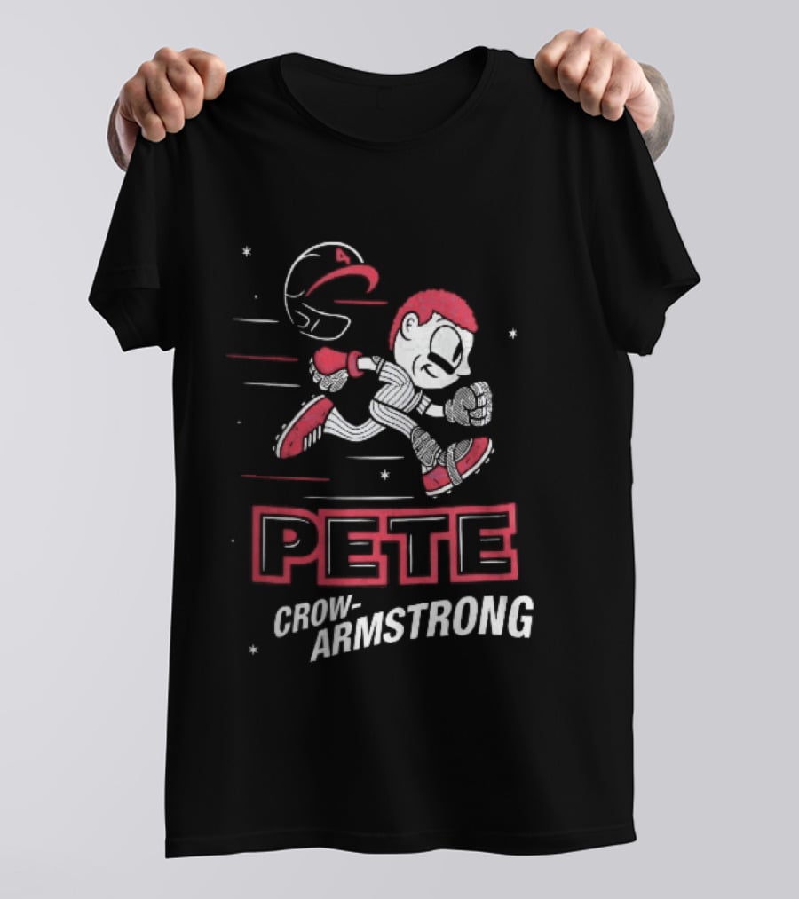 Chicago Cubs MLB Pete Crow Armstrong Cartoon Caricature Running Baseball Player Flying Helmet Stars T-Shirt