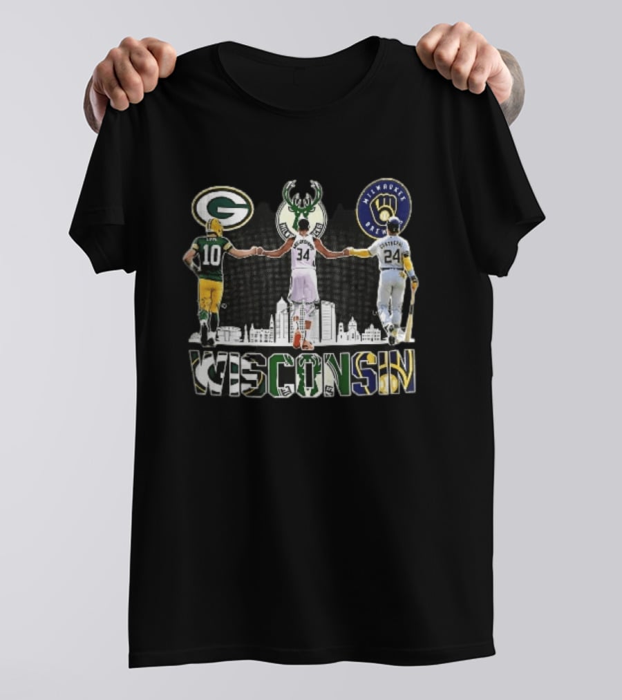 Green Bay Packers Milwaukee Bucks Brewers Wisconsin Antetokounmpo Contreras Love Skyline T-Shirt