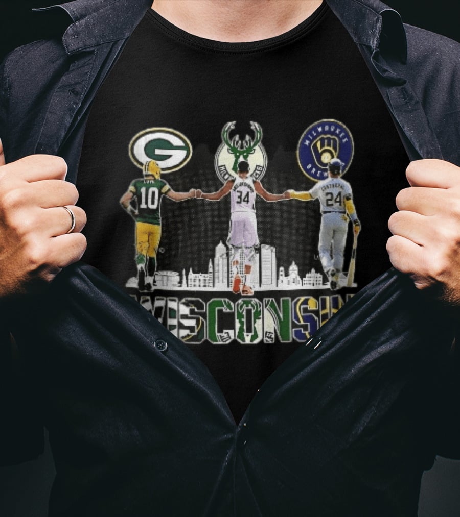 Green Bay Packers Milwaukee Bucks Brewers Wisconsin Antetokounmpo Contreras Love Skyline T-Shirt