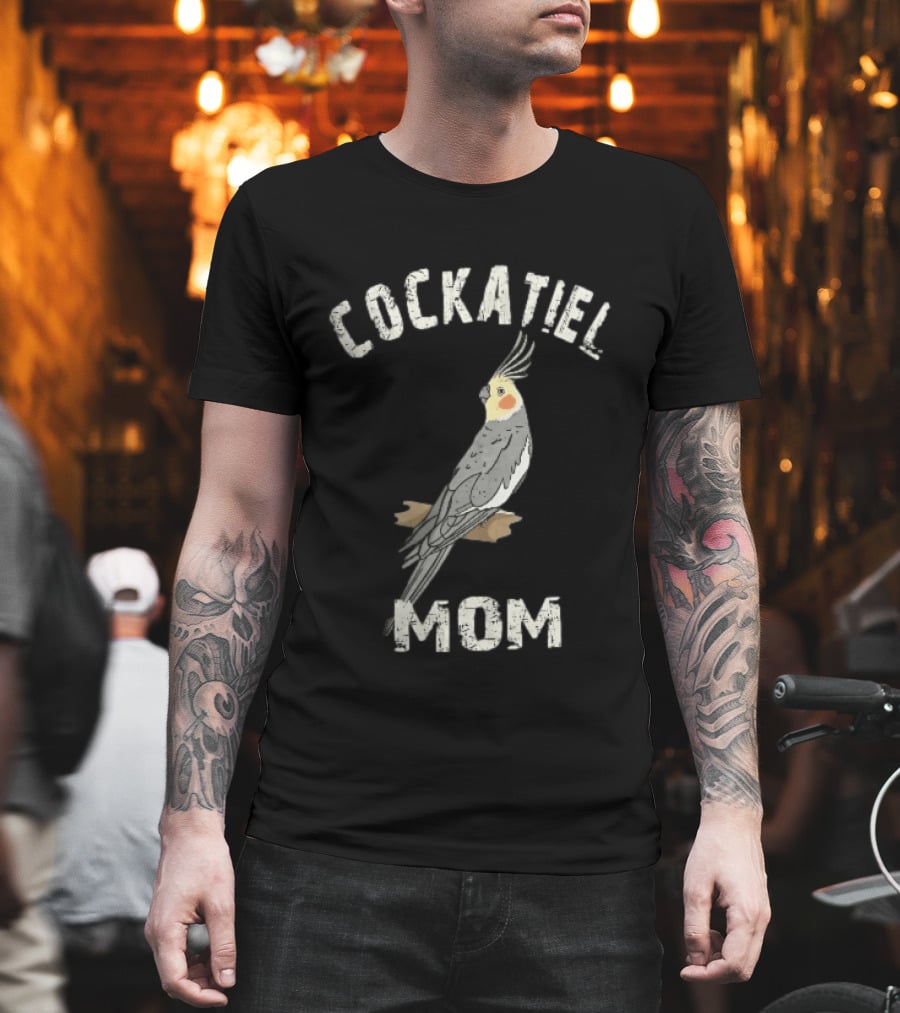 Cockatiel Mom Distressed Grey Bird Illustration Perched On Branch T-Shirt