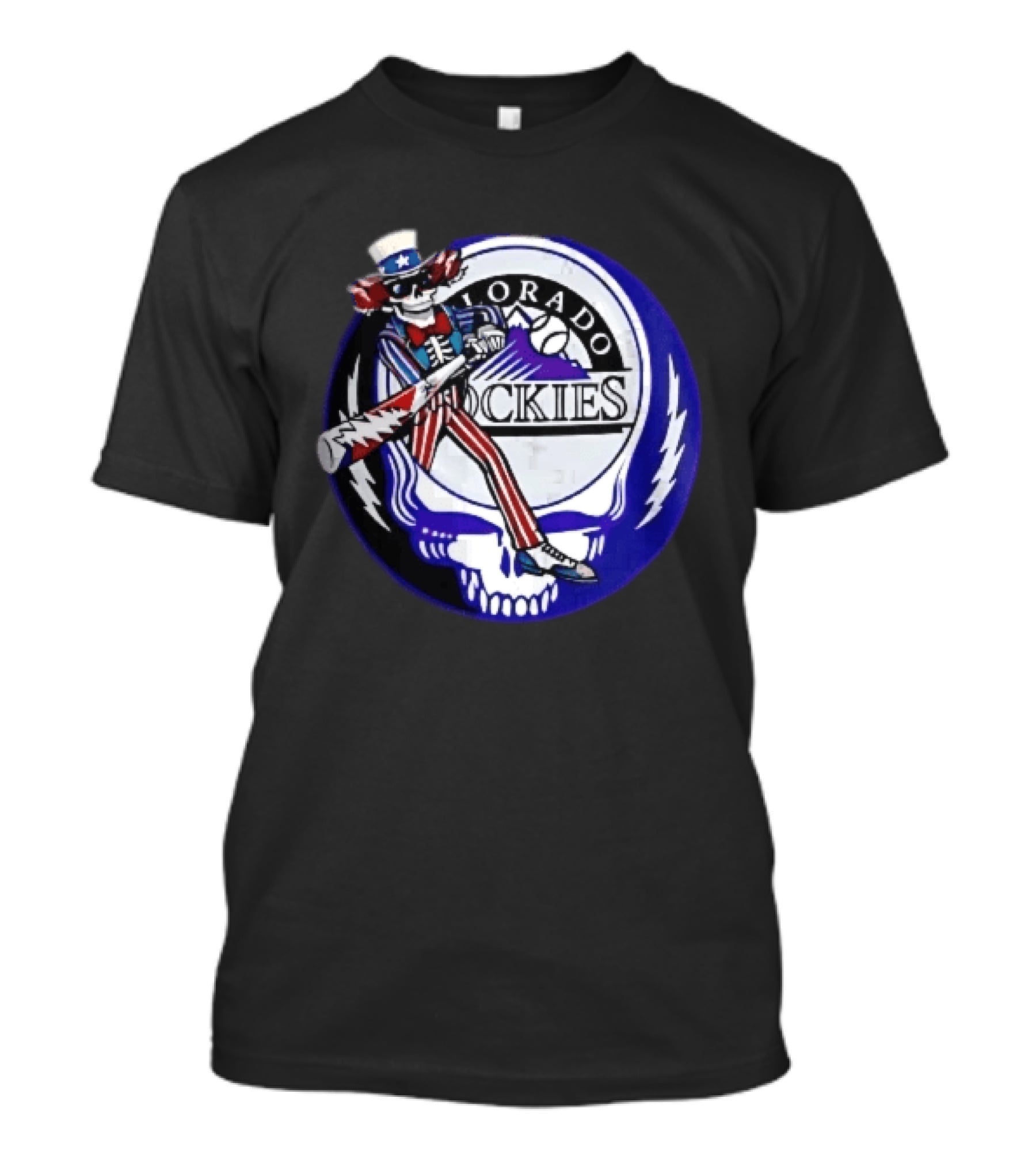Colorado Rockies Grateful Dead Uncle Sam Skeleton Batting Lightning Stealie Skull T-Shirt
