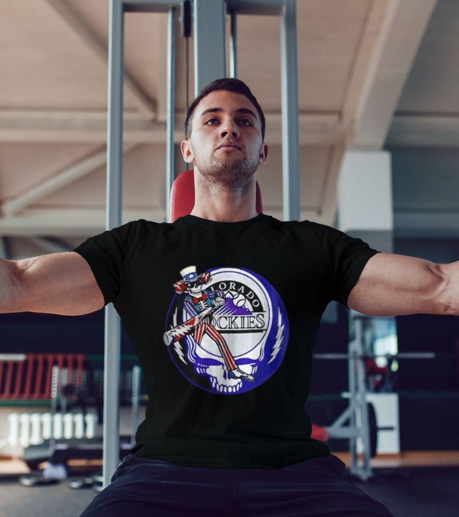 Colorado Rockies Grateful Dead Uncle Sam Skeleton Batting Lightning Stealie Skull T-Shirt