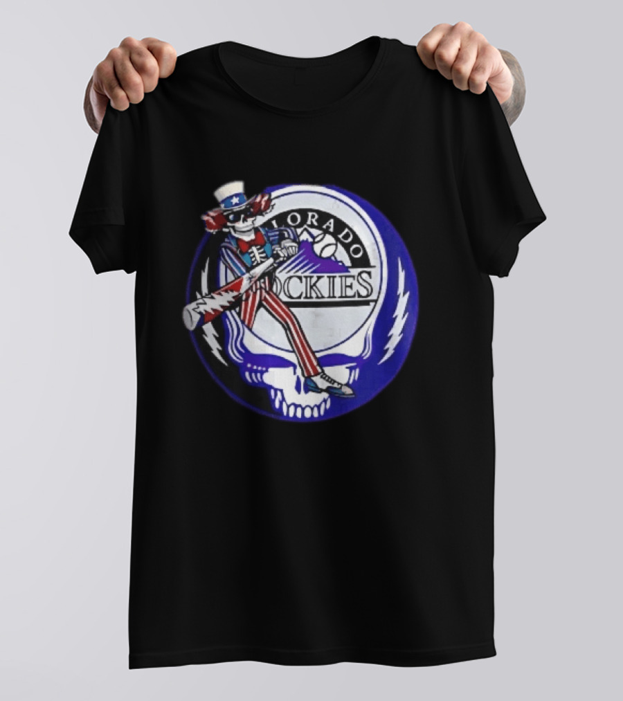 Colorado Rockies Grateful Dead Uncle Sam Skeleton Batting Lightning Stealie Skull T-Shirt