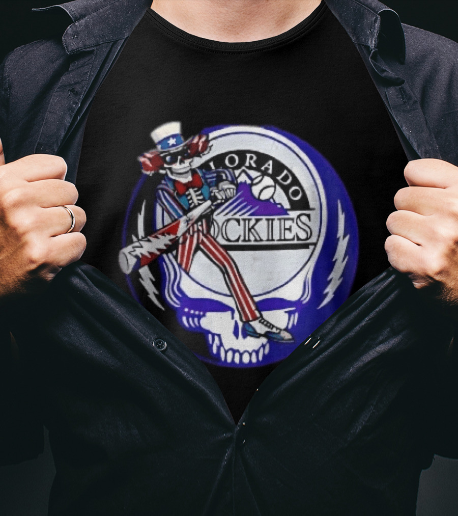 Colorado Rockies Grateful Dead Uncle Sam Skeleton Batting Lightning Stealie Skull T-Shirt