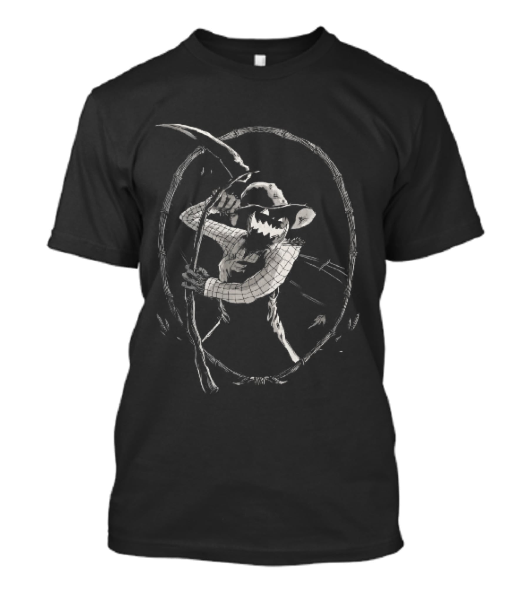 Jack O Lantern Scarecrow Holding Scythe Oval Twig Frame T-Shirt
