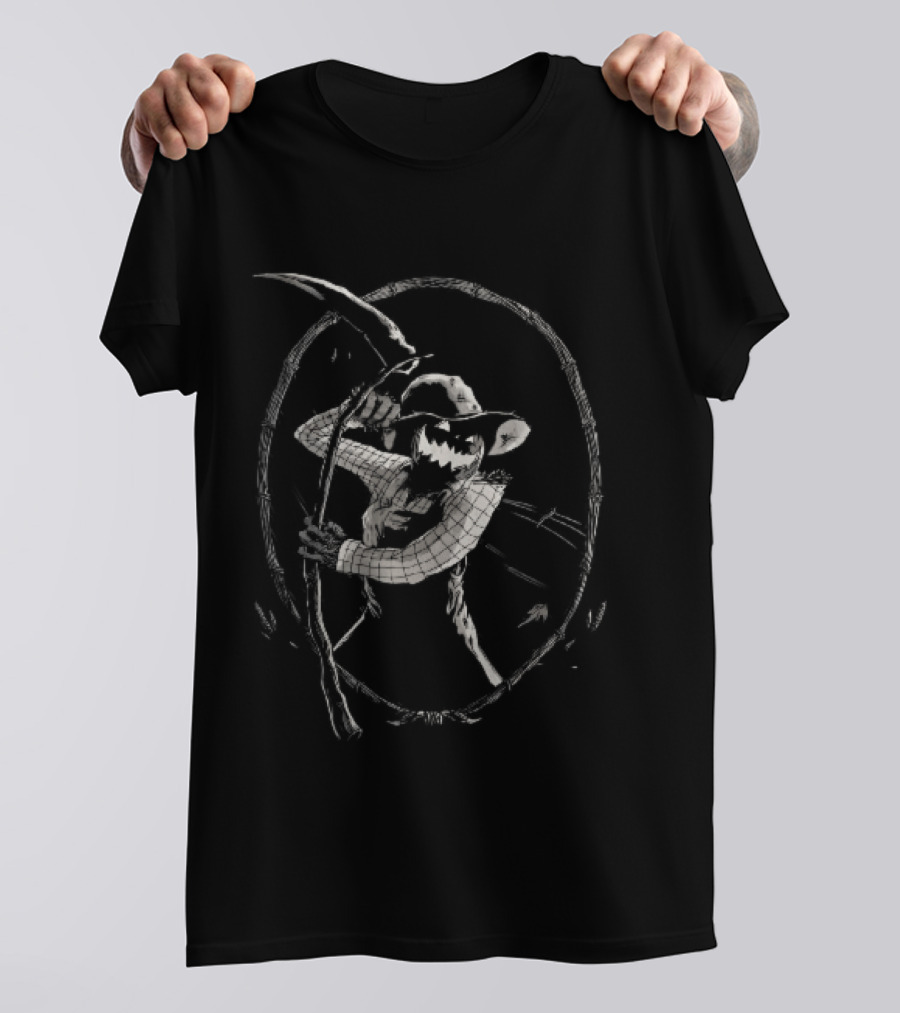Jack O Lantern Scarecrow Holding Scythe Oval Twig Frame T-Shirt